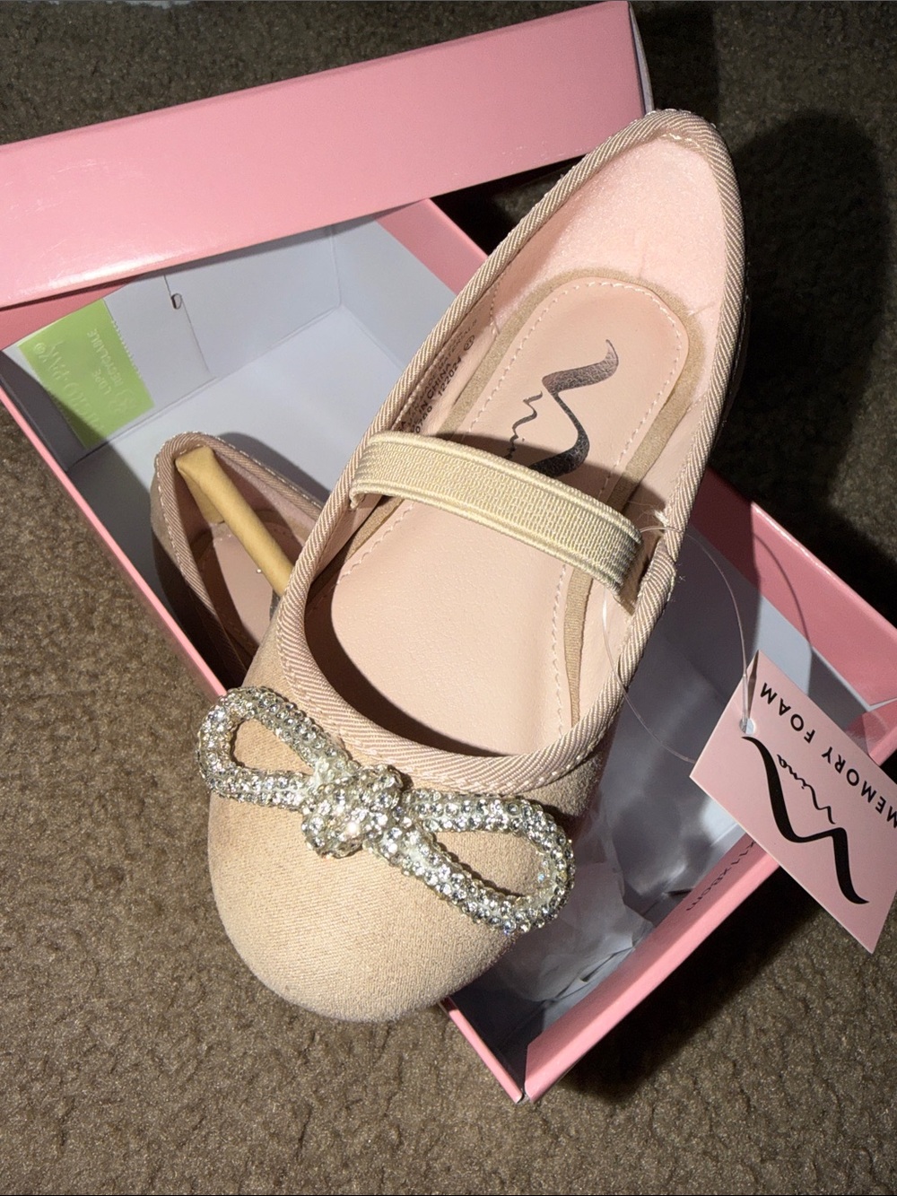 Nina LittleGirls Tan Memory Foam Bow Ballet Flats